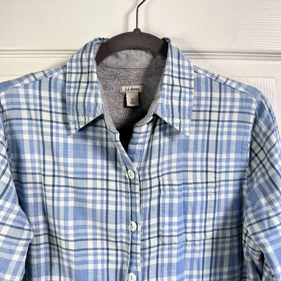 Women's XS LL Bean Light Blue Plaid Gray Fleece Lined Cotton Flannel Button Up - Picture 5 of 10